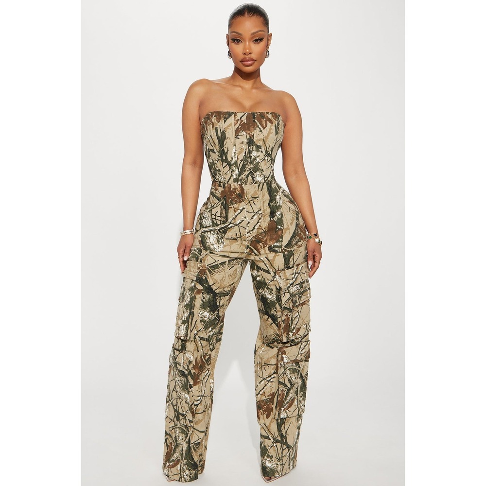 Fashion Nova Womens Camo Strapless Corset Cargo Jumpsuit Brown Green Medium